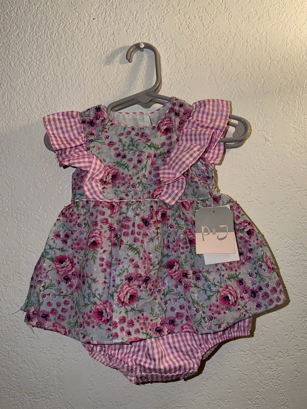 Pippa & Julie Pink Floral Ruffle Dress with Gingham Bloomers